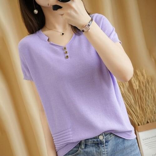2021 summer new pure cotton T-shirt casual solid color knitted sweater womens large size pullover short sleeve V-neck tops tees