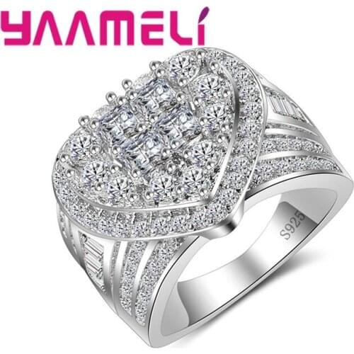 Nice Valentines Gift Fine 925 Sterling Silver Clear Zircon Heart Band Ring for Lover Birthday Anniversary Full Rhinestone Bijoux