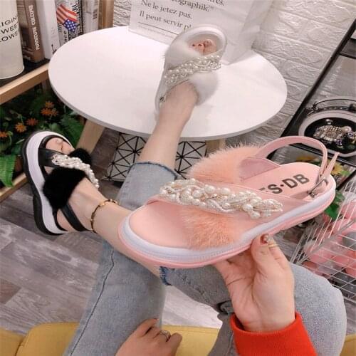 2021 Classic Fashion All-Match Wonens Flat-Heel Sandals Soft-Soled Mink Fur Trim Flat-Heel Sandals