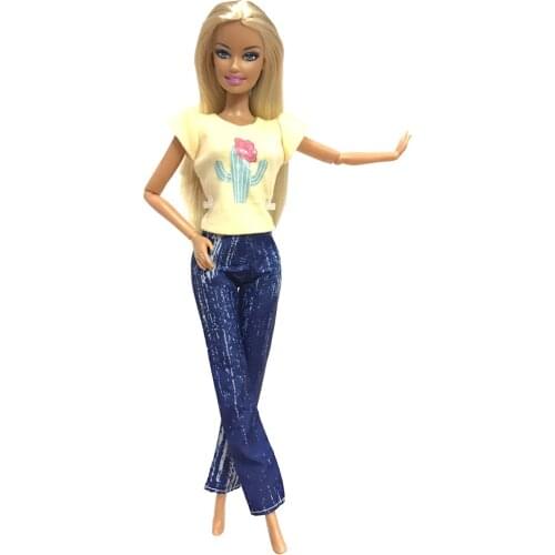 NK One Set Doll Yellow Printing Clothes Handmade Party Clothing Fashion Casual Trousers Suit Suitable For Barbie Doll Firl Gifts