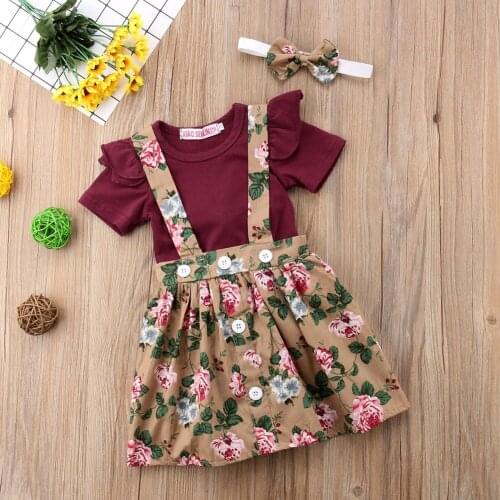 Pudcoco Newborn Infant Baby Girl Outfits Clothes Set Short Sleeve Solid Color Romper Tops Strap Flower Print Skirt Headband 3Pcs
