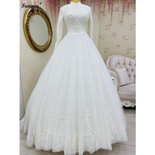 White Long Sleeve Lace Muslim Wedding Dress Ball Gown Embroidery Beaded Tulle Dubai Bride Dresses Robe De Soirée De Mariage