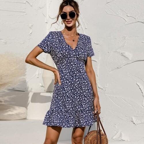 Sexy V-neck Short Sleeve Floral Print Mini Dress Women Summer Casual Slim Ruffles High Waist Red Beach Sundress Vestidos Female