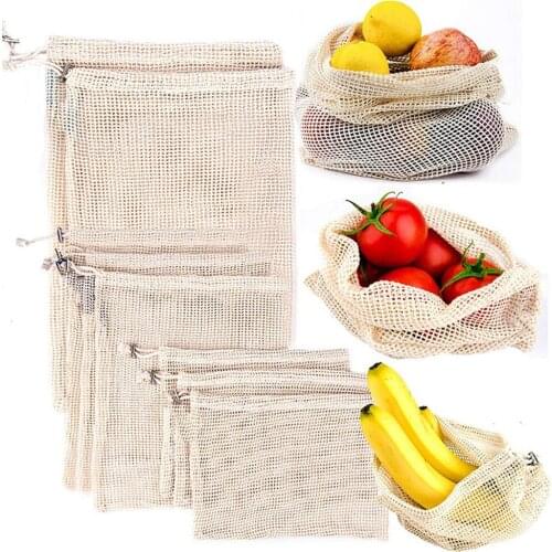 Reusable Cotton Vegetable Bags Shopping Bags Fruit And Vegetable Storage Mesh Bags Drawstring Machine Washable Kitchen Storage