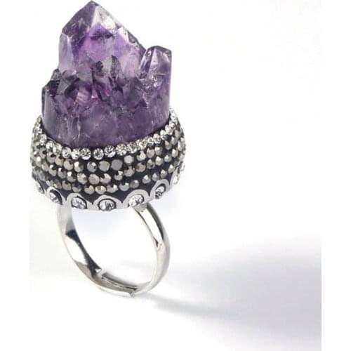 Trendy-beads Unique Silver Plated Irregular Shape Natural Purple Amethysts with Rhinestone Engagement Ring