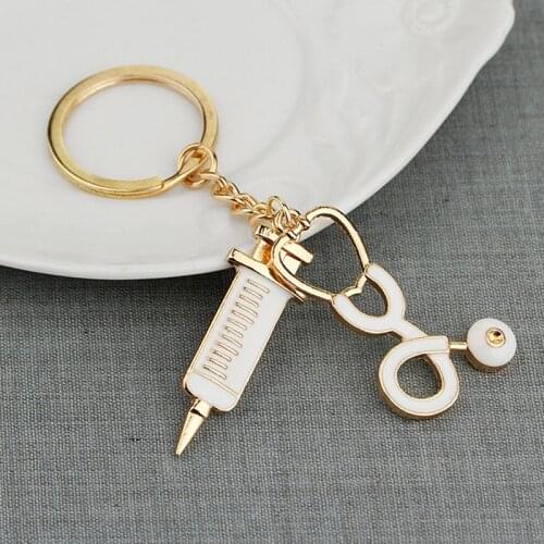 Trendy Medical Syringe Stethoscope Keychain Key Chains Keyring Golden Metal Key Chain Doctor Nurse Gift Jewelry For Women Men