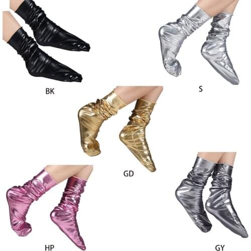 Women Faux Patent Leather Loose Crew Socks Funny Shiny Metallic Wetlook Solid Color Warm Mid Tube Stockings Clubwear