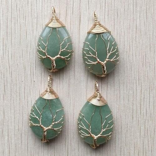 Wholesale 4pcs/lot Gold Color Wire Wrap handmade tree of life drop shape natural green aventurine pendants free shipping