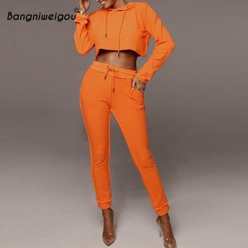 Bangniweigou Orange Tracksuit Set Jersey Cropped Hoodie & Pants 2 Piece Set Casual Streetwear Autumn Winter Neon Lounge Outfits