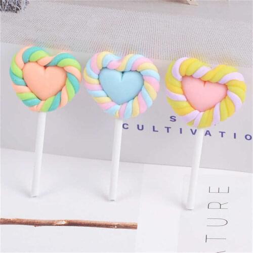 Julie Wang 6PCS Resin Lollipop Charms Colorful Slime Polymer Clay Heart Shape Candy Artificial Food Jewelry Making Accessory