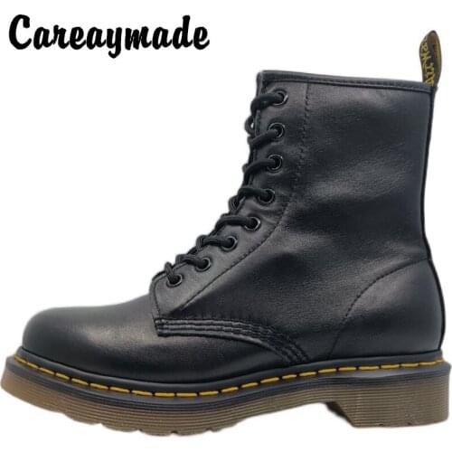 Careaymade-Martin boots Genuine leather round head 8-hole short tube British style retro locomotive breathable single boots