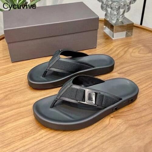 Summer Flip Flops Slippers Men Black Leather Flat Mules Designer Slides Platform Beach Casual Shoes Male 2021