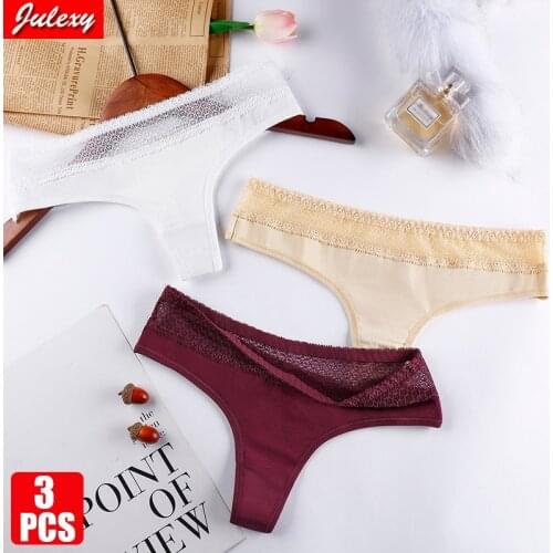 3pcs/lot Julexy Pure Cotton T Back Underwear Thong Sexy Lace Hollow Out G-string Low Waist Breathable Lingerie Panties