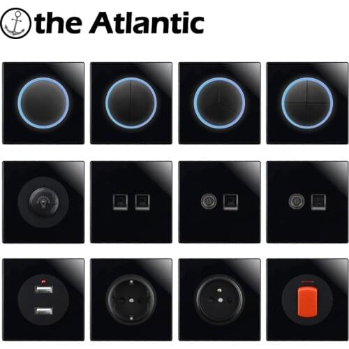 Light Switch With LED Indicator EU FR Power Socket Outlet Reset Switch Push Button Switch TV RJ45 Black Glass Light Switches