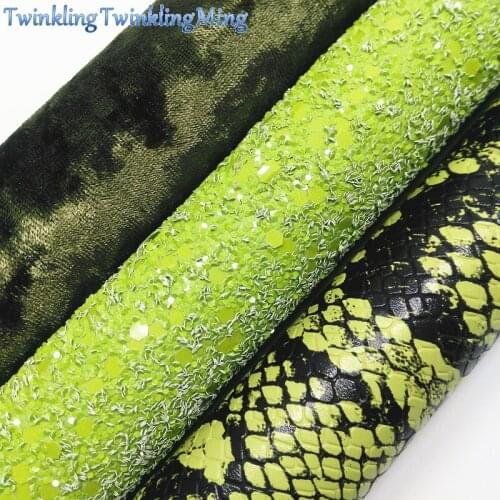 GREEN Glitter Fabric, Snake Faux Leather Fabric, Velvet Fabric, Synthetic Leather For Bows A4 8"x11" Twinkling Ming XM169
