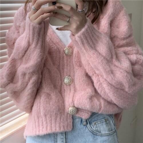 Women Cardigans V-neck Korean Sweet Candy Color Cardigan Female Chic Casual Thick Twisted Warm Sweater Coat 3 Colors