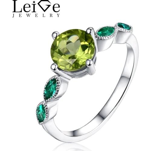 Leige Jewelry Genuine Peridot Rings with Emerald Natural Green Gemstones Round Cut 925 Silver Engagement Ring for Women