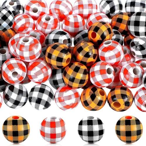 12Pcs Buffalo Plaid Print Wood Bead Colorful Spacer Beads Printed Round Loose Wood Bead DIY Crafts Jewelry Making Bracelet Decor