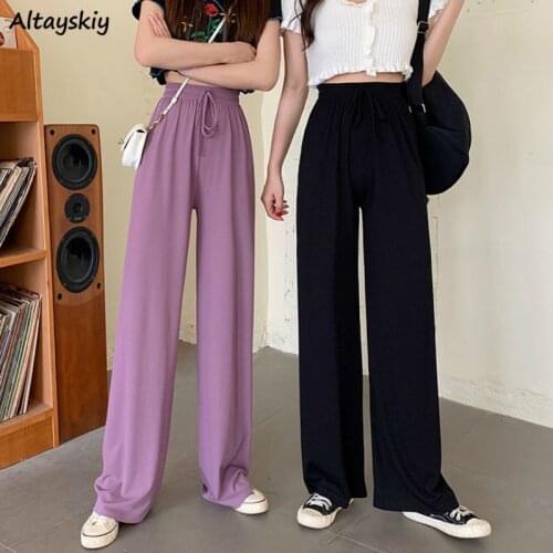 Pants Women Newest Slim Drawstring Black Purple Solid Korean Style Office Work Ladies Elegant Ankle-length Pantalon Daily Chic