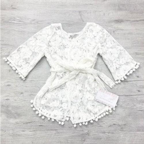 Kids Coat, Summer Lace Floral Round Neck Long Sleeve Smock with Waist Belt for Girls, White, 6 Months-5 Years