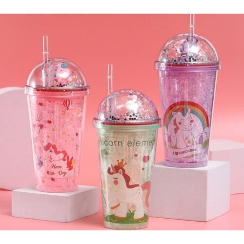 Double Layer Unicorn Plastic Sippy Cup Can Be Used for Children, Students and Other New Cartoon Creative Dinosaur Summer Ice Cup