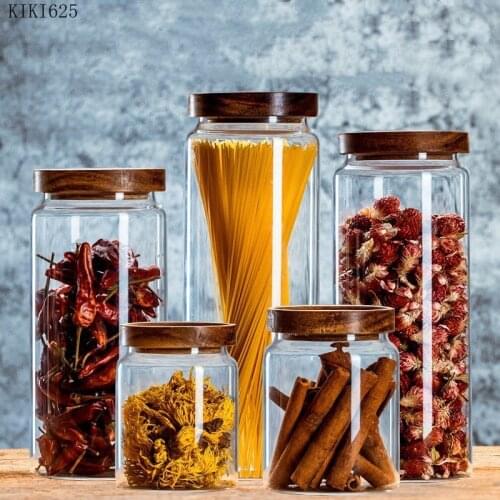 Kitchen Food Storage Container High Borosilicate Glass Sealed Jar with Wooden Lid Candy Coffee Bean Tea Storage Jar Home Decor