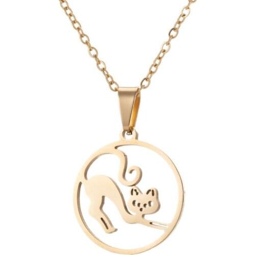 WANGAIYAO Cute Cartoon Female Pet Cat Necklace New Stainless Steel Geometric Circle Hollow Jumping Cat Pendant Necklace Holiday