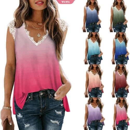 Fashion Gradient Printing Womens T-shirt V-neck Sleeveless Lace Stitching Vest Casual Ladies T-shirt Womens Top
