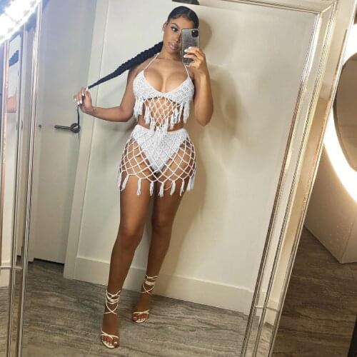 2021 Summer New Bikini European American Ladies Swimwear Sexy Hand Hook Seaside Blouse Women Knitted Casual Swimsuit Suit Female
