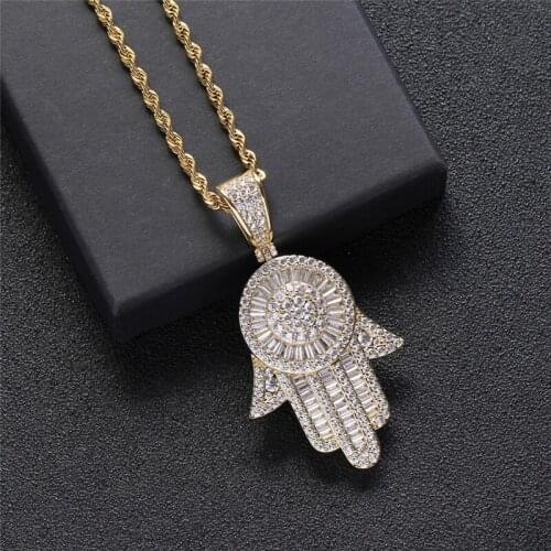 New Iced Out Gilt HAMSA Hand Pendant Pave Full CZ Stone Bling Hip Hop Fatima Hand Jewelry For Men Women Party Gift