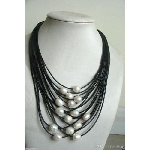 New 11-12mm White Baroque Freshwater Pearl Multi-Strand Black Leather Necklace