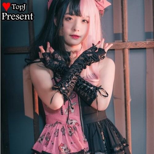 Harajuku Punk Black lace up Gloves Cosplay Women Half Finger Length Sleeve Gothic Fingerless thin Mittens Streetwear gloves