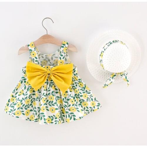 Flower Girl Dresses Baby Girl Clothes 2 Pcs Floral Print Bow Strap Girls Dress+hat Kids Clothes Cute Party Princess Dress 0-24M