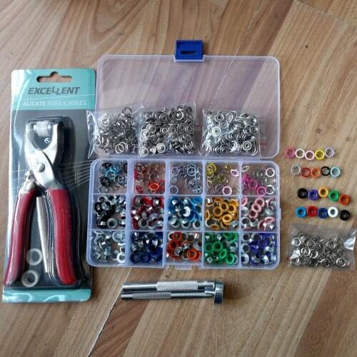 1pc Plier+1set Eyelets Tool+100sets 10 Colors 9.5mm Prong Snap Buttons Fasteners Press Studs Poppers Buckle+200pcs 5mm Eyelets