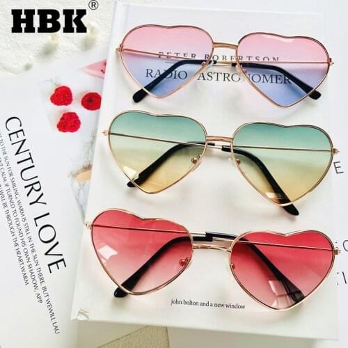 HBK Love Heart Sunglasses For Women Men Metal Retro Sun Glasses Vintage Cute Gold Frame Candy Color Outside Party Eyewear UV400