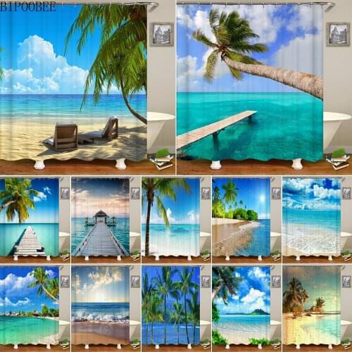 3D Sunny Beach Printed Fabric Shower Curtains Waterproof Ocean Sea Scenery Bath Curtain for Bathroom Decoration with 12 Hooks