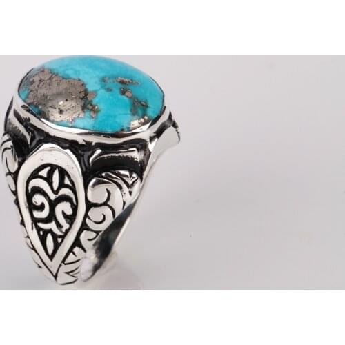 UM US JEWELRY Turquoise Natural Stone Hand Embroidered 925 Sterling Silver Men Ring