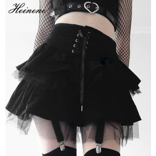 Heinene Goth Sexy Mesh Patchwork Black Skirt Harajuku High Waist Bandage Laceup Ruffle Skirts Streetwear Grunge ALine Mini Skirt
