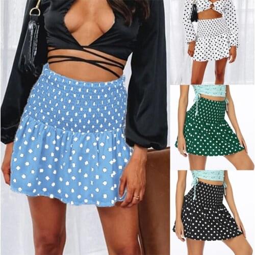 Womens Basic Elastic Flared Casual Mini Skirt High Waist Polka Dot Printed Mini Skirt