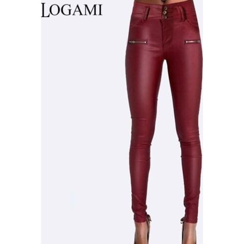 LOGAMI Pu Leather Pants for Women Skinny high Waist Slim Faux Leather Trousers Clothes Pants Autumn Wine Red Pantalones Mujer
