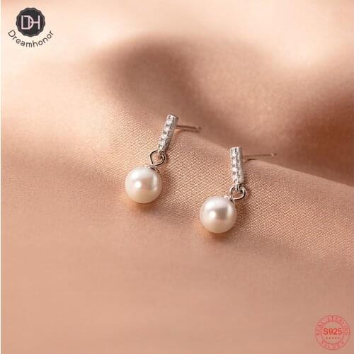 Dreamhonor 100% 925 Sterling Silver Crystal Pearl Wedding Stud Earrings Brincos Pendientes