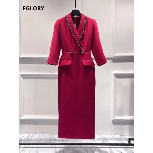 Top Quality New 2020 Spring Party Evening Vestidos Women Notched Collar Crystal Beading Deco Mid-Calf Black Wine Red Dress Festa