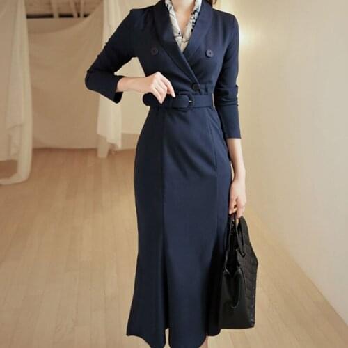 Vintage Double Breasted Belt Mermaid Dress Women Elegant Office Ladies Blazer Dresses Long Sleeve Female Spring Autumn Mid Dress