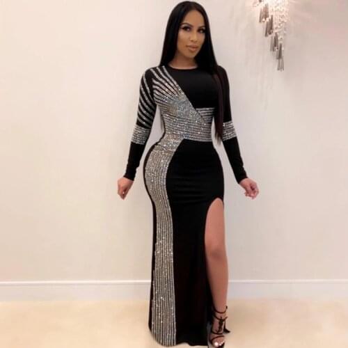 2020 Women Spring Winter Long Dress Full Sleeve Diamonds Open Fork Sexy Night Club Party Bandage Dresses Fashion Maxi Vestidos