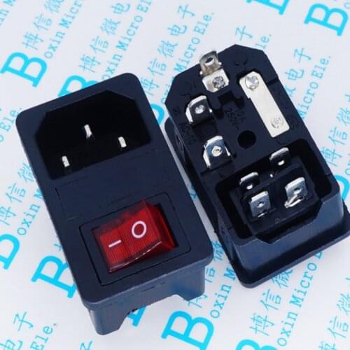 5PCS/Lot 10A 250VAD AC Power Socket/Jack outlet Connector with Red lamp Rocker switch and Fuse holder