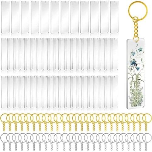 50Pcs Acrylic Keychain Blanks with Rings Clear Key Chains Rectangle Acrylic Blanks for DIY Crafting Vinyl Projects