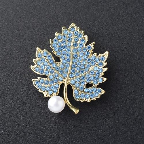 White Pearl CZ Pave Blue Leaf Brooch Pendant