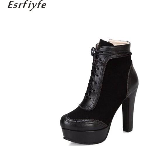 ESRFIYFE 2020 New Large Size 19 Fashion Women Ankle Boots High Heels Platform Motorcycle Boots Sexy Lace-up Brown Ladies Shoes