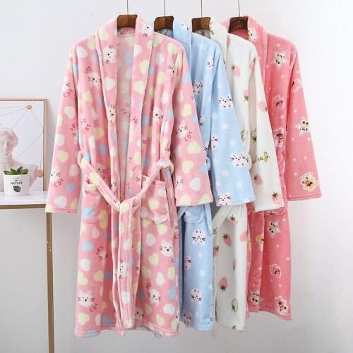 New Flannel Robe Women Print Cartoon Bathrobe Autumn Winter Warm NightgownThicken Long Robes Casual Sleepwear Plus Size 40-75KG