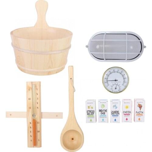 Sauna Tool Bucket Sauna Accessories Wood Barrel Spoon Explosion-Proof Lamp Hourglass Hygrothermograph Essential Oil Set